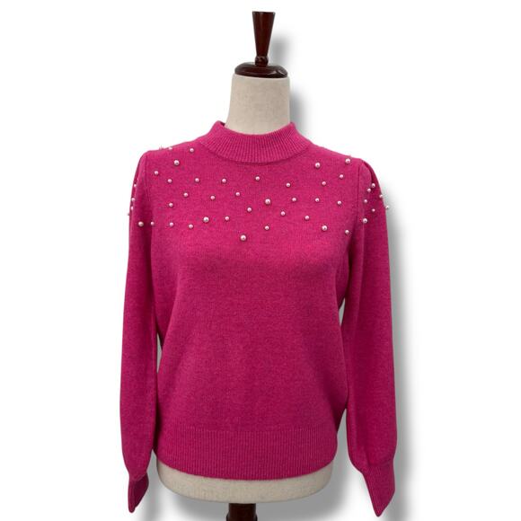 CeCe Hot Pink Sweater with pearls medium balloon sleeve Preppy Coquette Knit - Picture 2 of 13